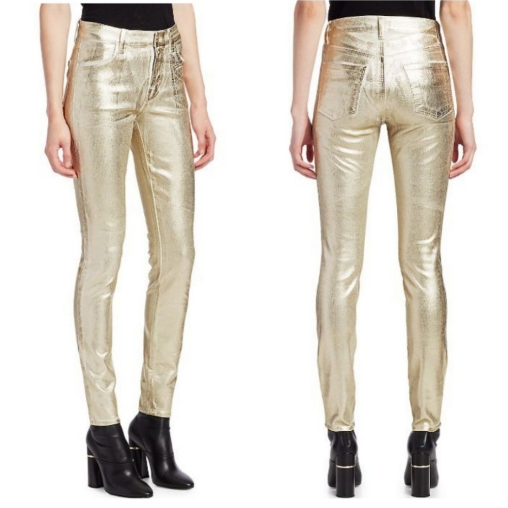 J BRAND Maria Metallic High Rise Skinny Jeans In Gold Messaline ~ NEW
